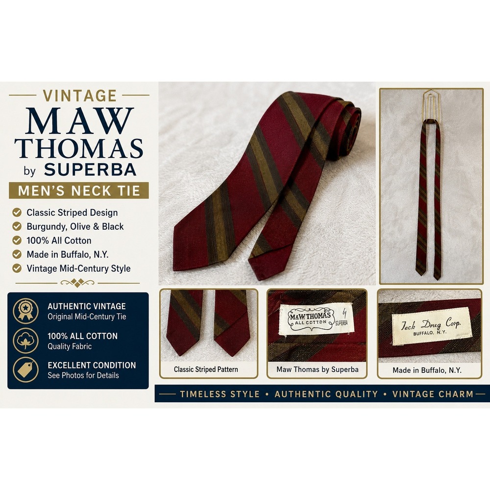 Vintage Maw Thomas by‎ Superba Mens Striped Cotton Tie Burgundy Olive Black MCM